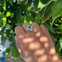 Sterling silver plated emerald & cz clover ring