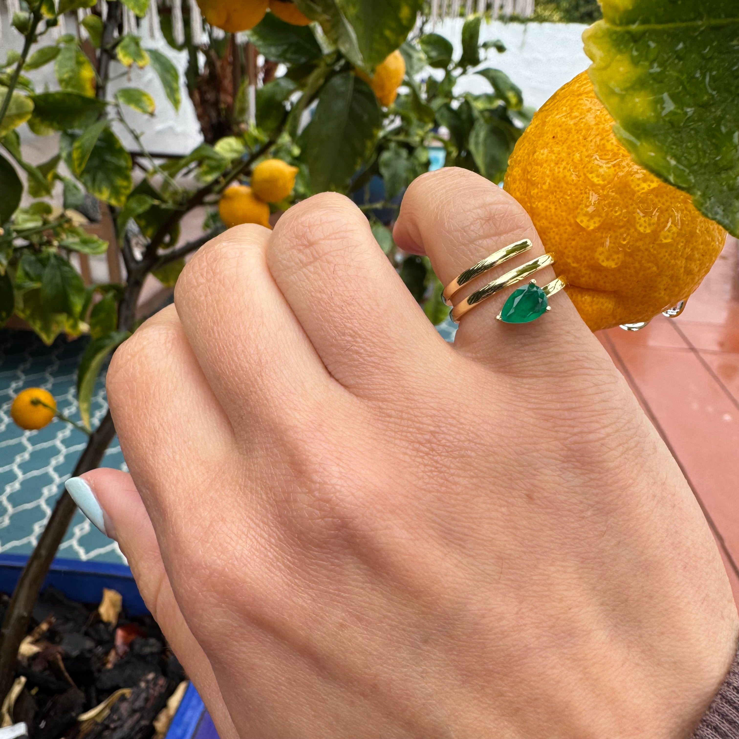Silver gold plated spiral pear emerald ring