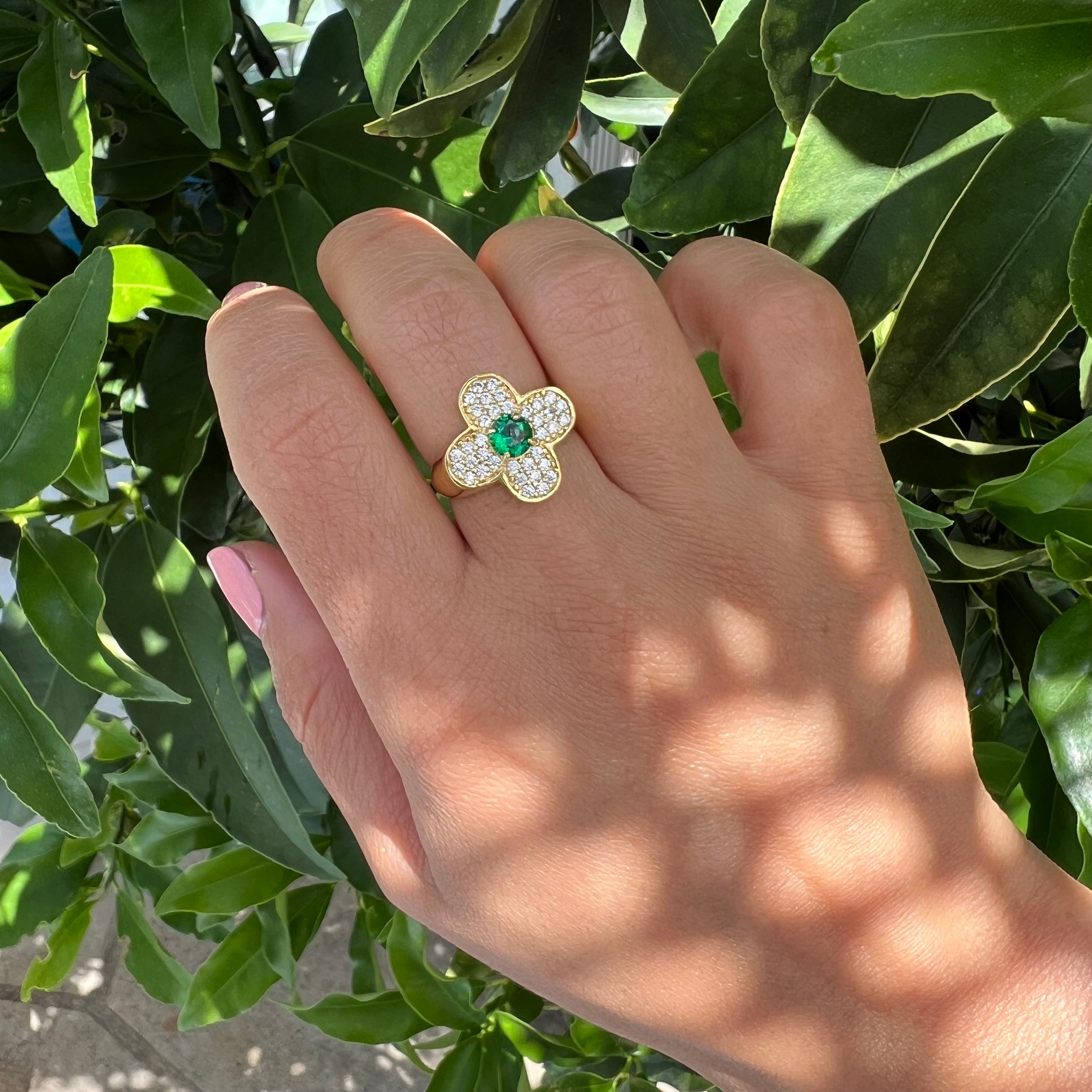 Silver gold plated emerald & cz clover ring
