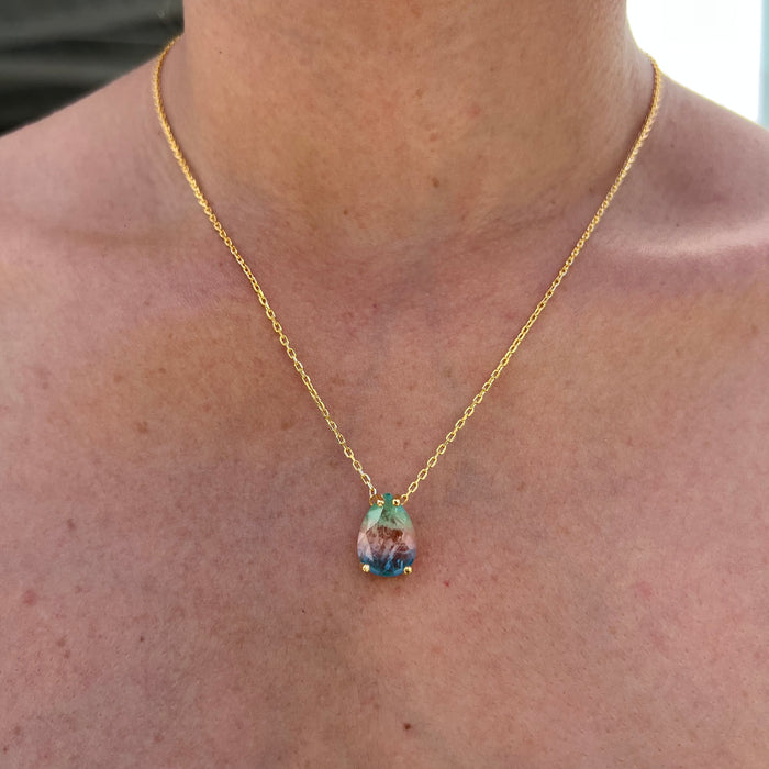 Silver gold plated pear blue/pink/green ombre stone necklace