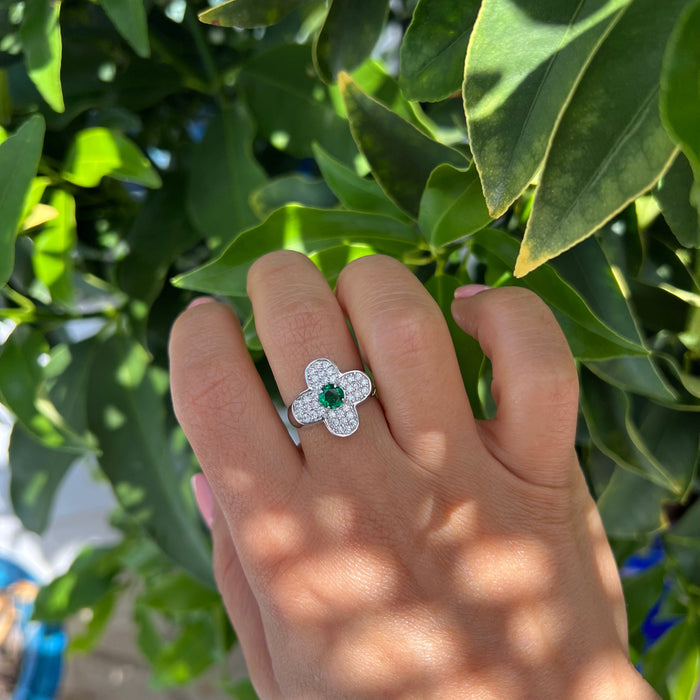 Sterling silver plated emerald & cz clover ring