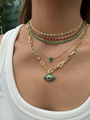 Silver gold plated green eye paperclip chain necklace