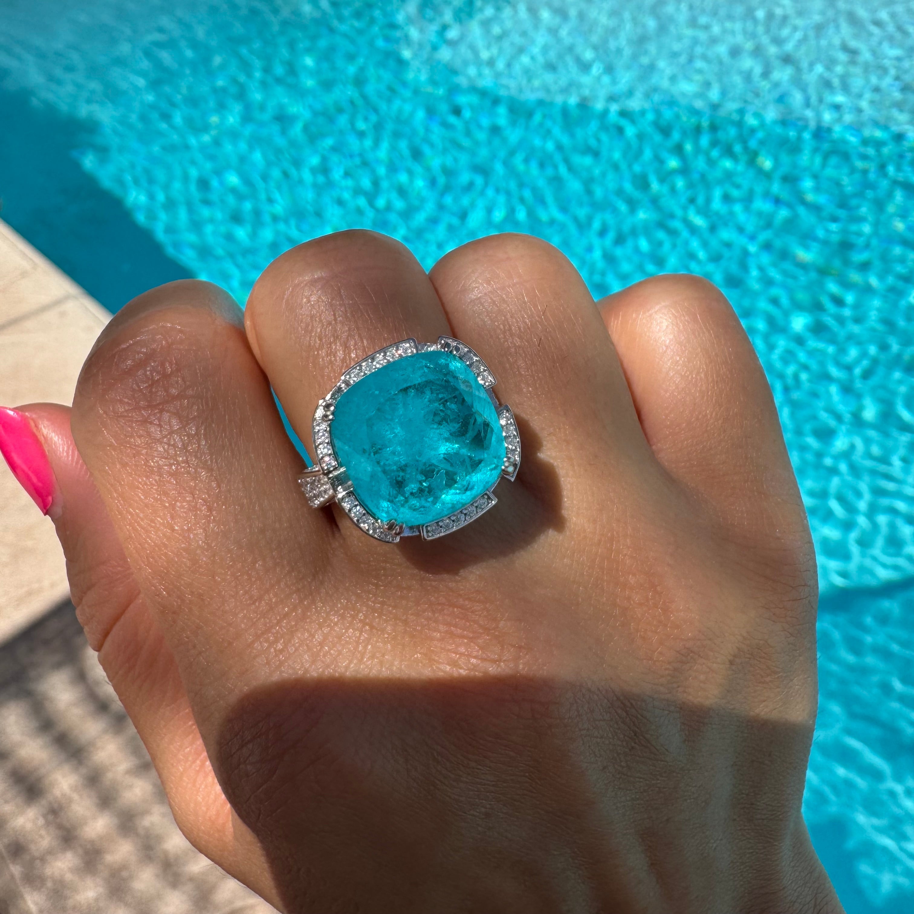 “Bora Bora” sterling silver cushion cut paraiba statement ring