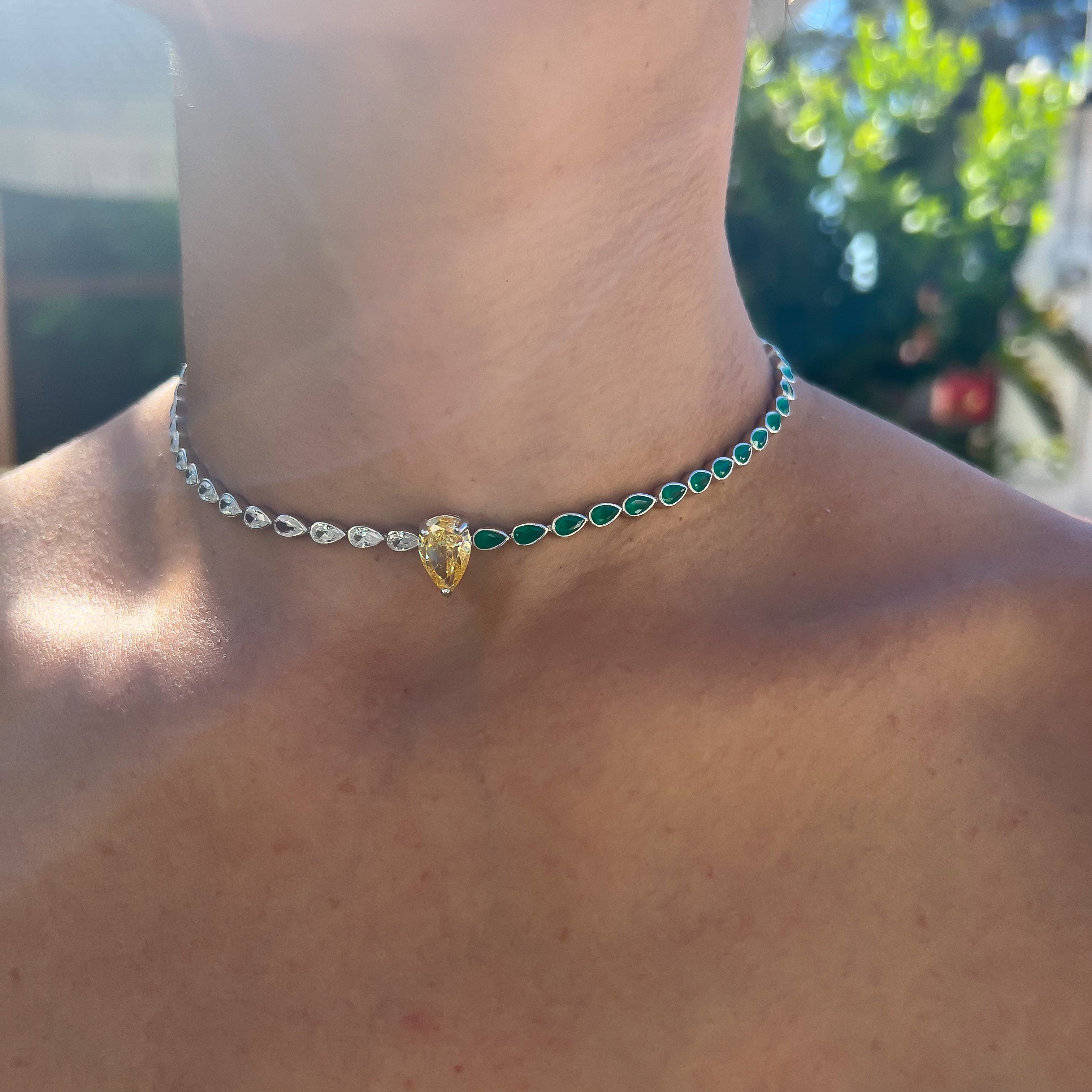 Silver gold plated yellow pear multicolor choker