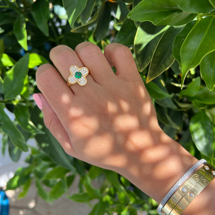 Silver gold plated emerald & cz clover ring – Gemma Azzurro