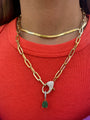 Pave lock necklace with pear emerald charm