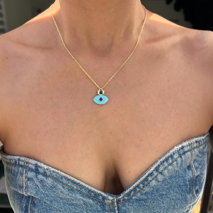 Silver gold plated turquoise & lapis eye necklace