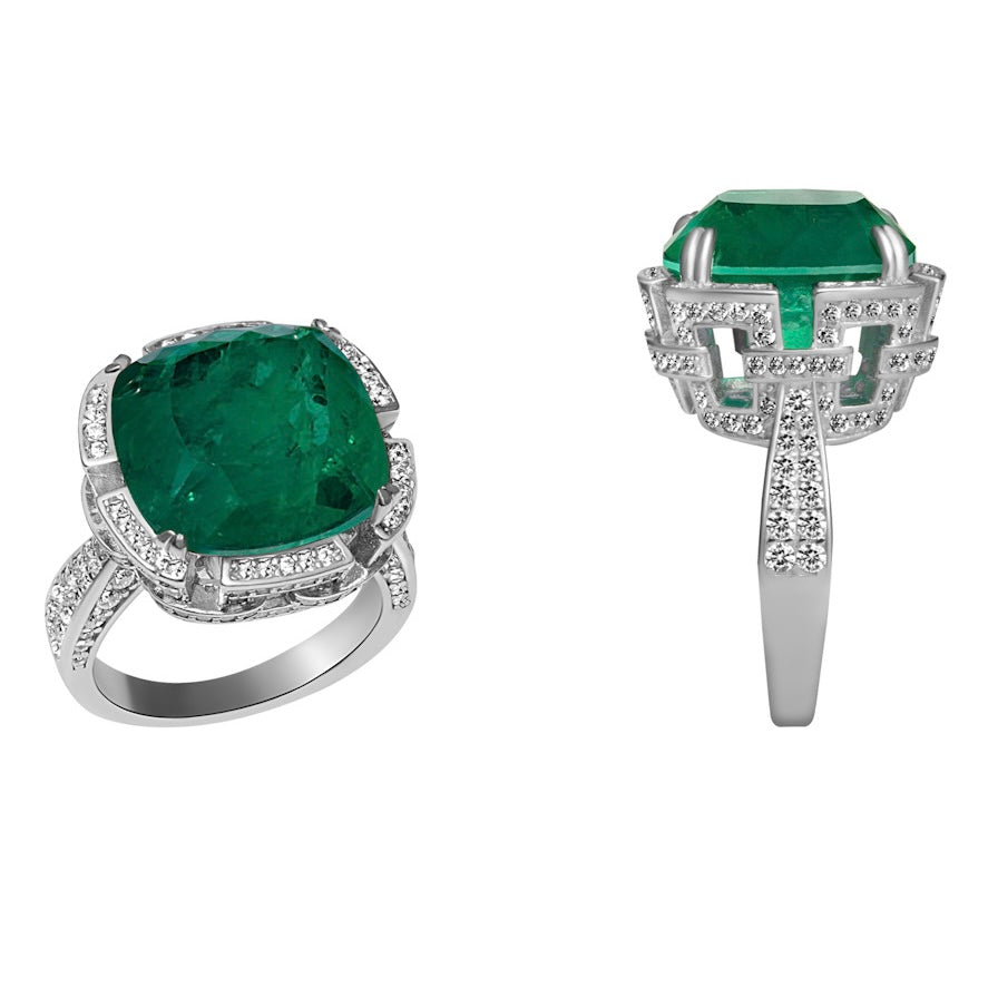 Sterling silver cushion cut emerald statement ring
