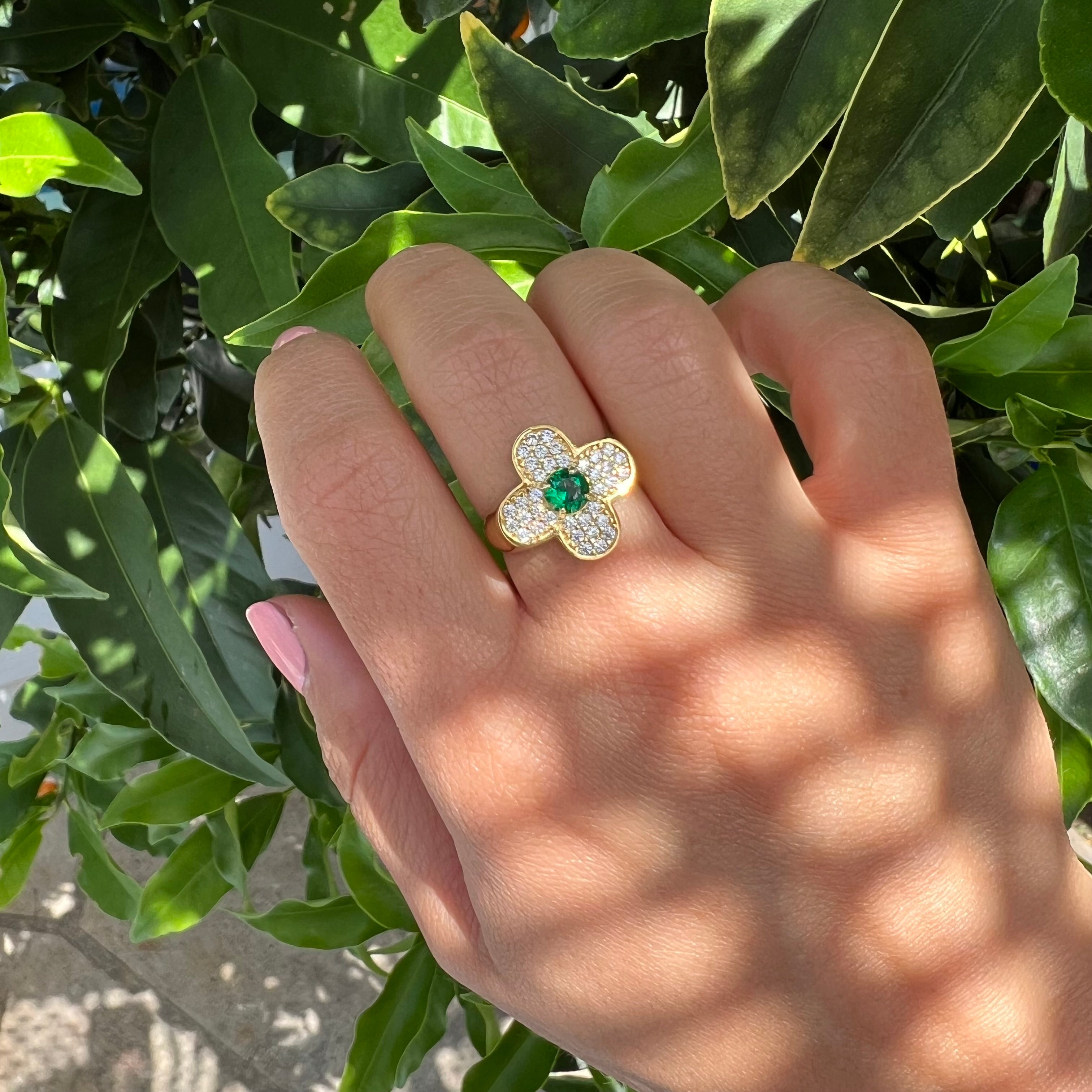 Silver gold plated emerald & cz clover ring