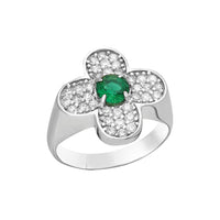 Sterling silver plated emerald & cz clover ring