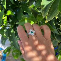 Sterling silver plated emerald & cz clover ring