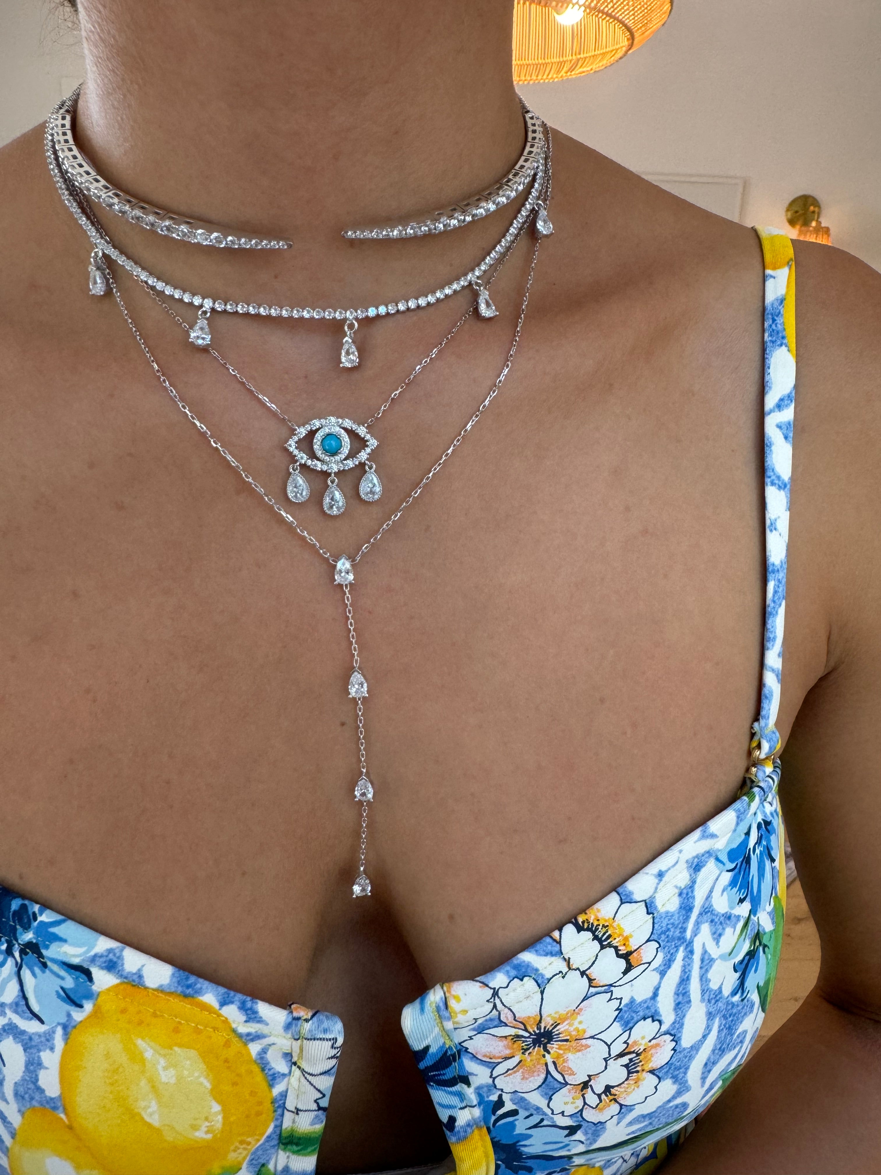 "Diamond Tears" Sterling silver eye necklace