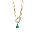 Pave lock necklace with pear emerald charm