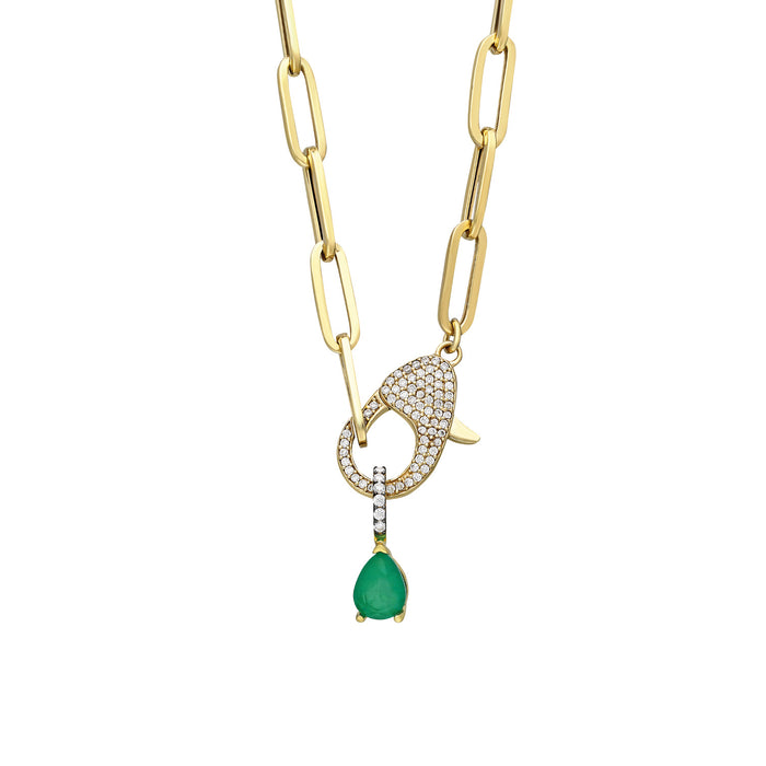 Pave lock necklace with pear emerald charm