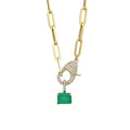 Pave lock necklace with rectangular emerald charm
