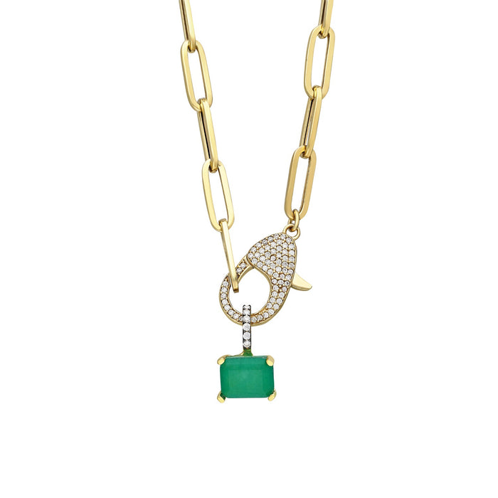 Pave lock necklace with rectangular emerald charm