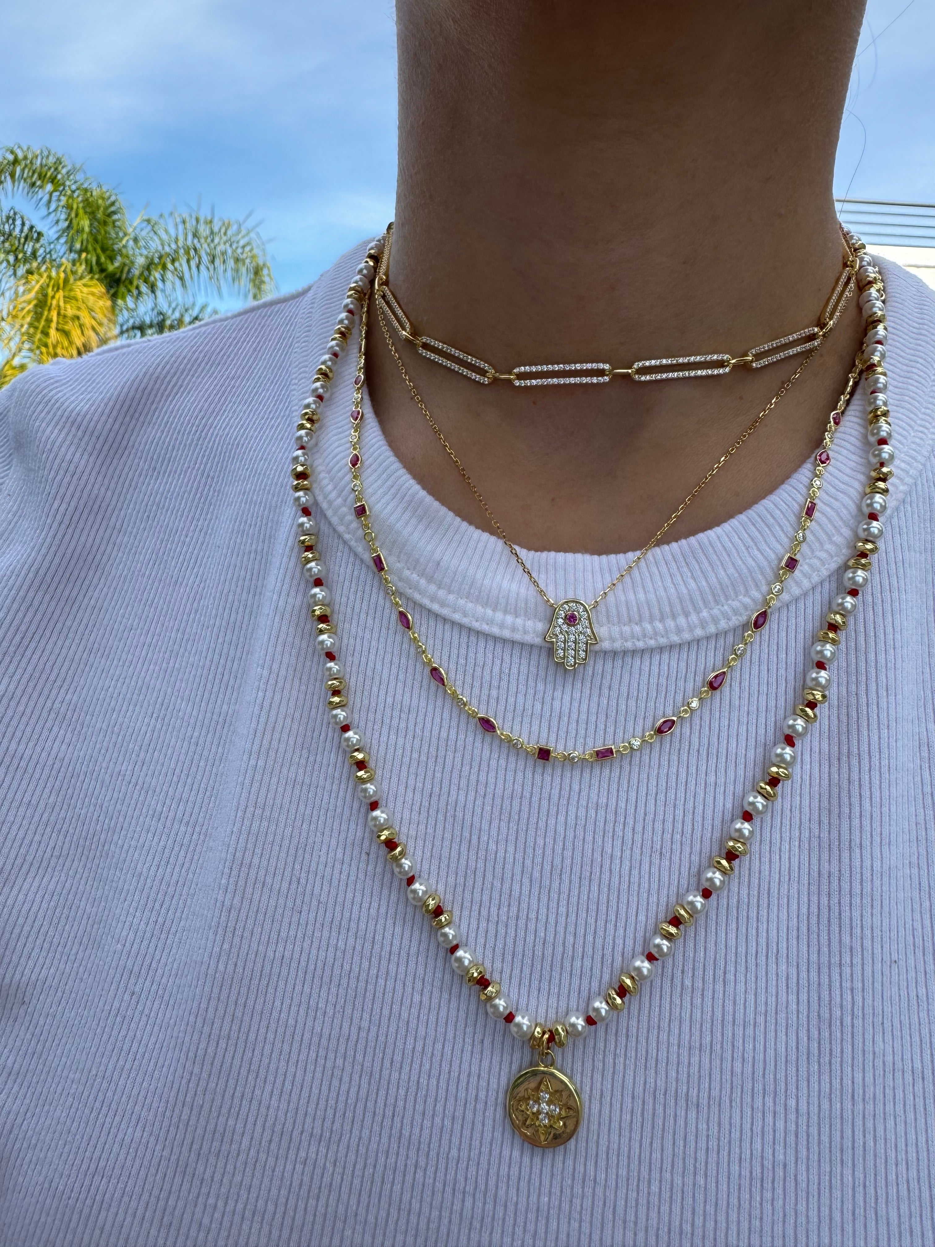 Silver gold plated red stone dainty hamsa necklace