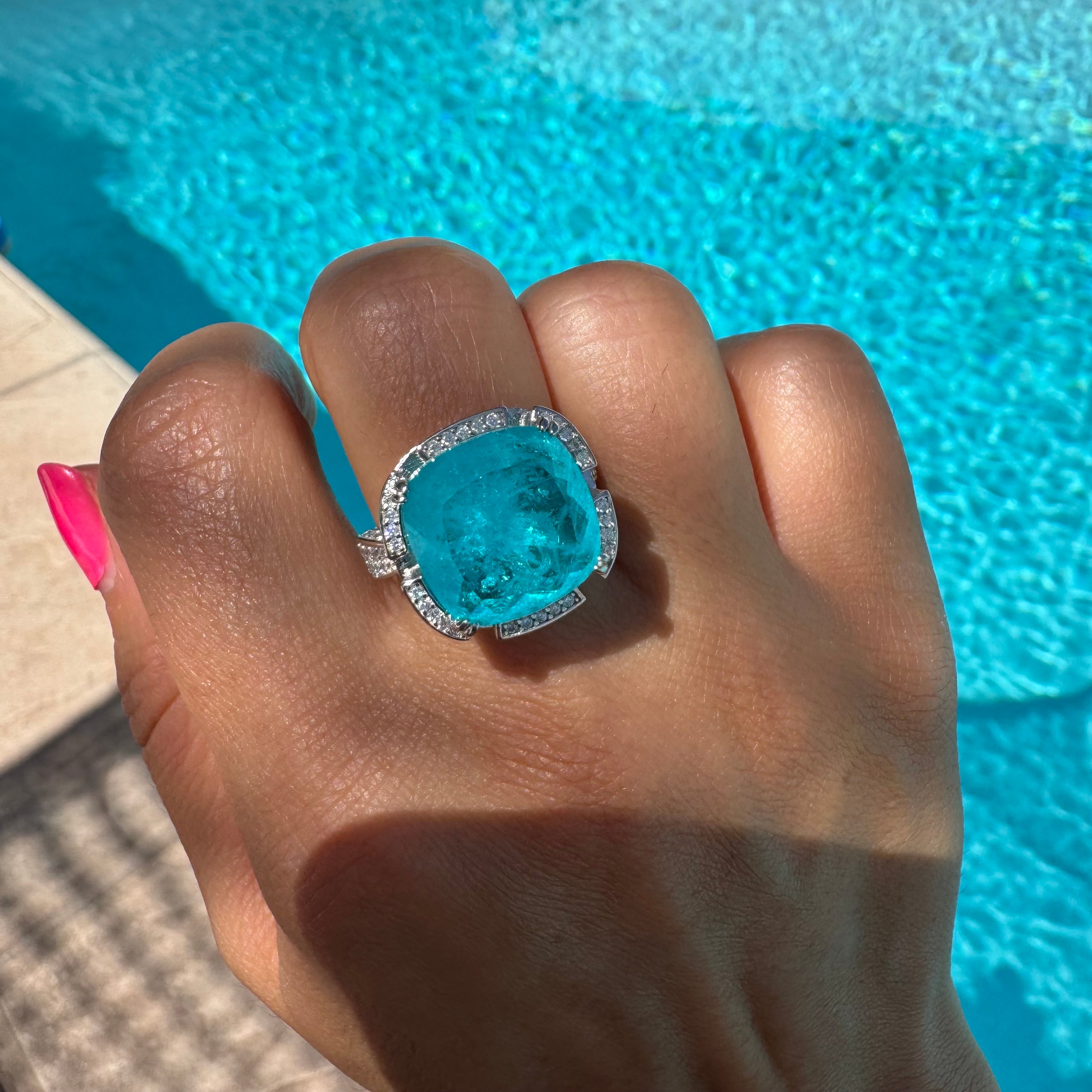 “Bora Bora” sterling silver cushion cut paraiba statement ring