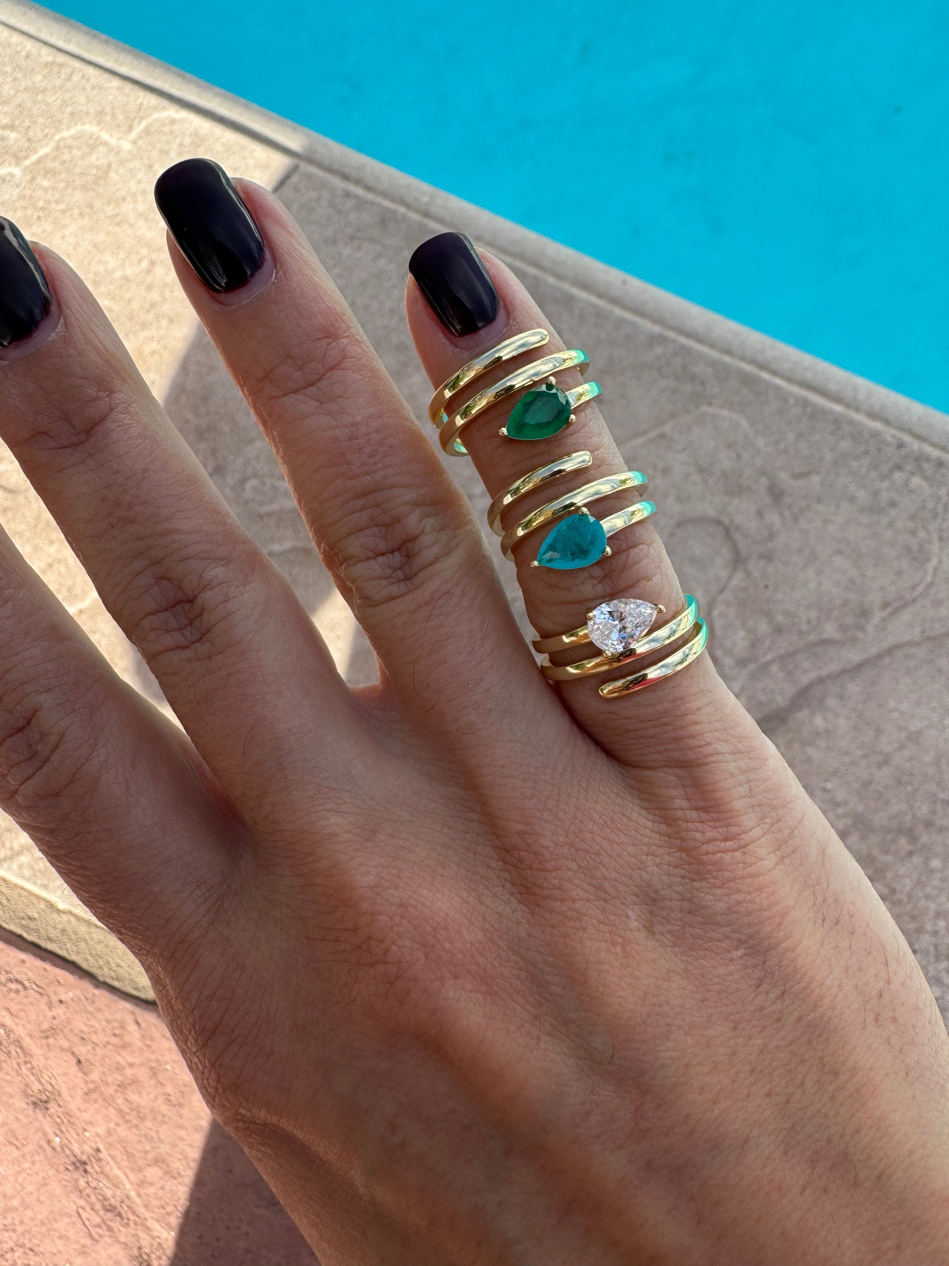 Silver gold plated spiral pear emerald ring