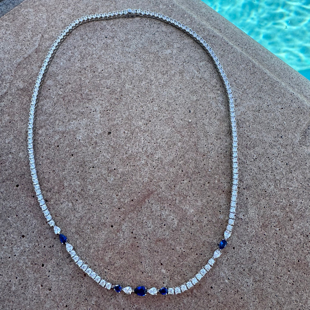Sterling silver sapphire cz diamond tennis necklace