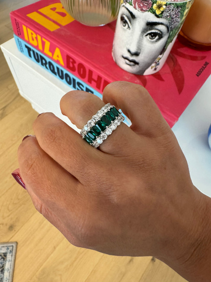 Sterling silver emerald & clear cz eternity band