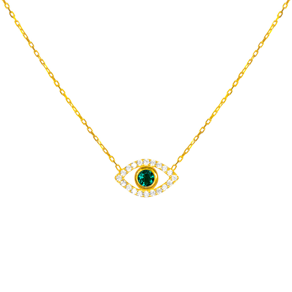 “Ojos” silver gold plated green eye necklace