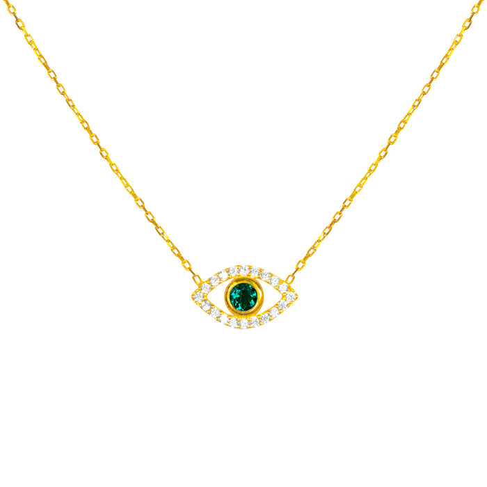 “Ojos” silver gold plated green eye necklace