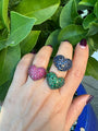 Silver gold plated green puffy heart ring