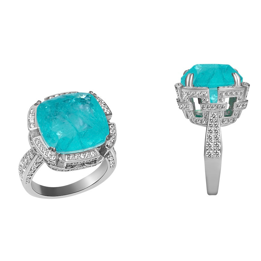 “Bora Bora” sterling silver cushion cut paraiba statement ring