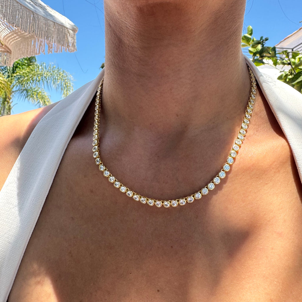 “Monaco” Gold bezel cz diamond tennis necklace