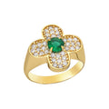 Silver gold plated emerald & cz clover ring