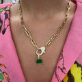 Pave lock necklace with rectangular emerald charm