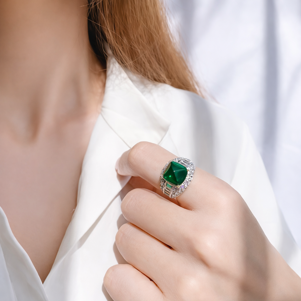 Sterling silver simulated emerald cabochon ring