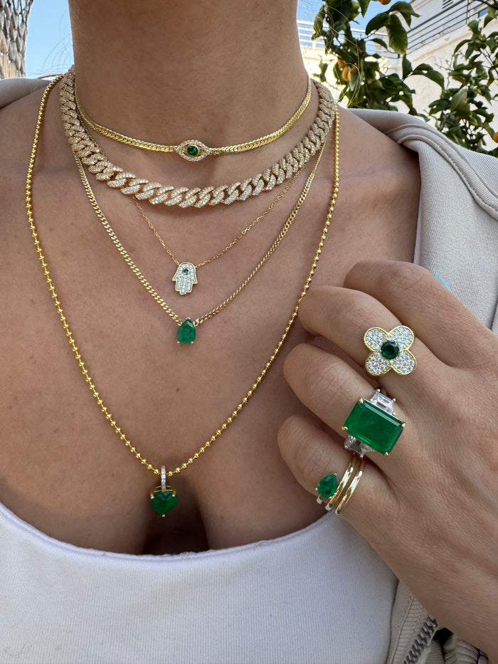 Silver gold plated bead chain emerald heart necklace