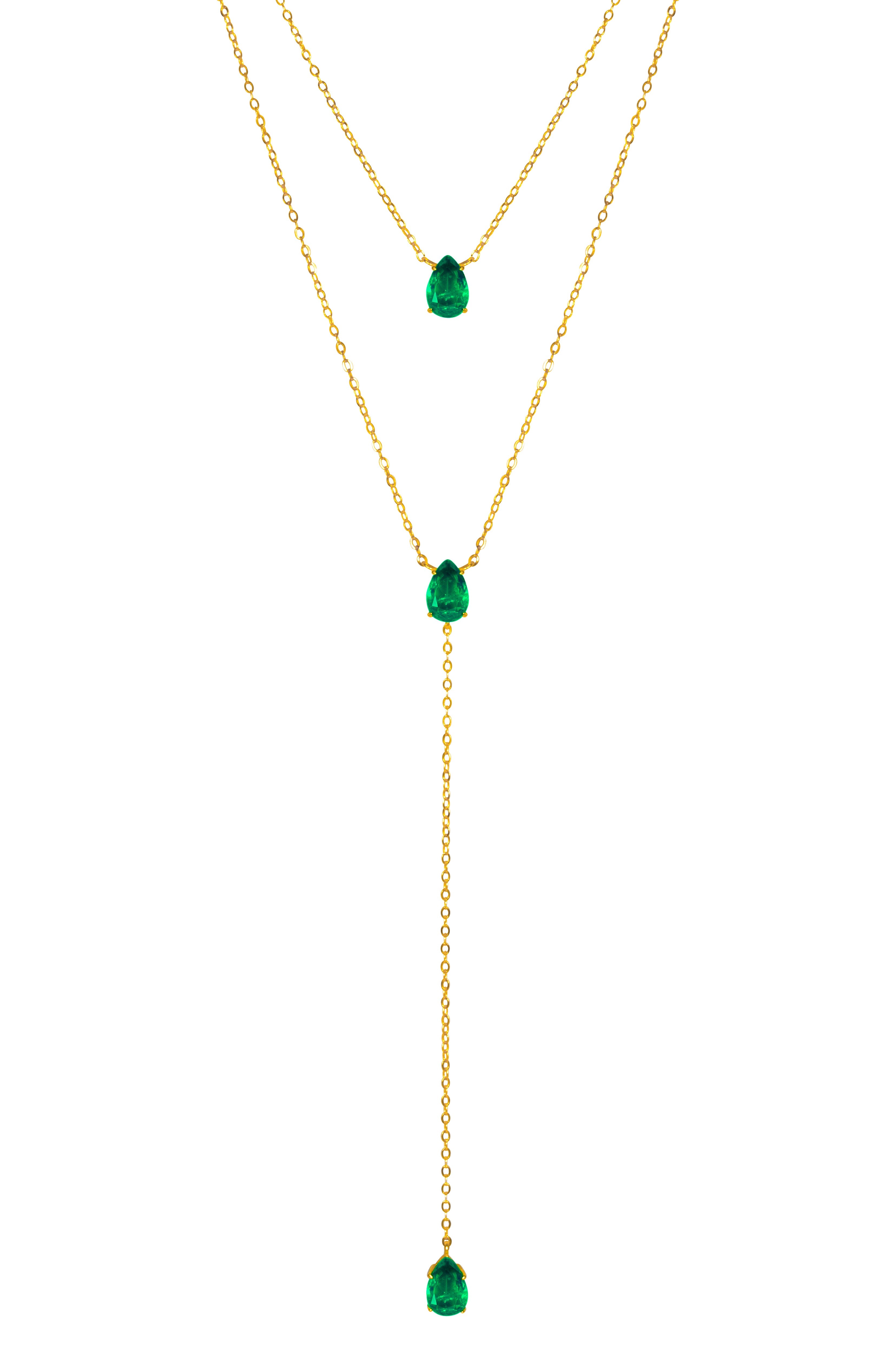 Silver gold plated emerald lariat necklace set
