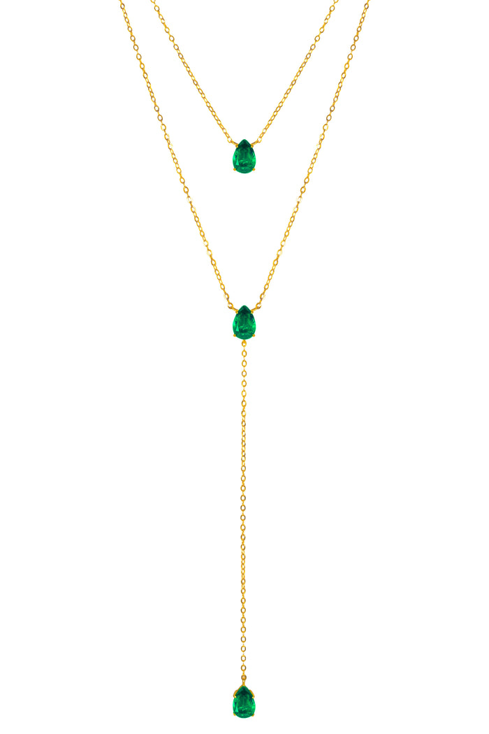 Silver gold plated emerald lariat necklace set