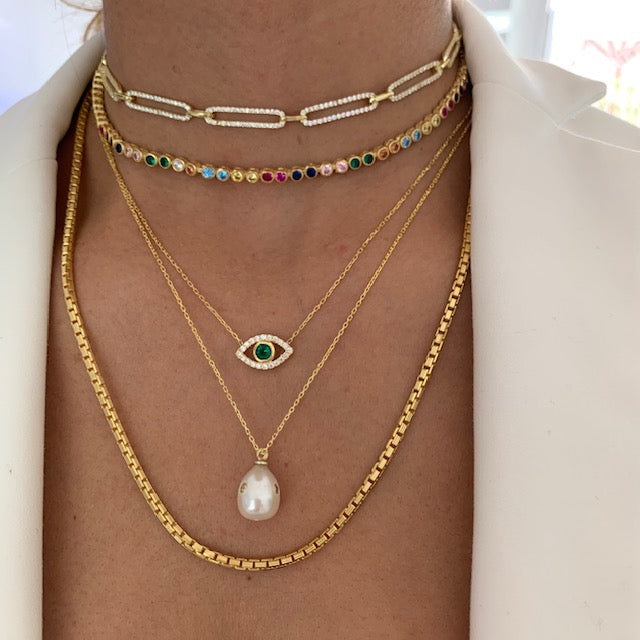 “Ojos” silver gold plated green eye necklace