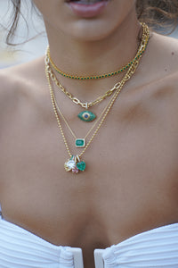 Silver gold plated green eye paperclip chain necklace
