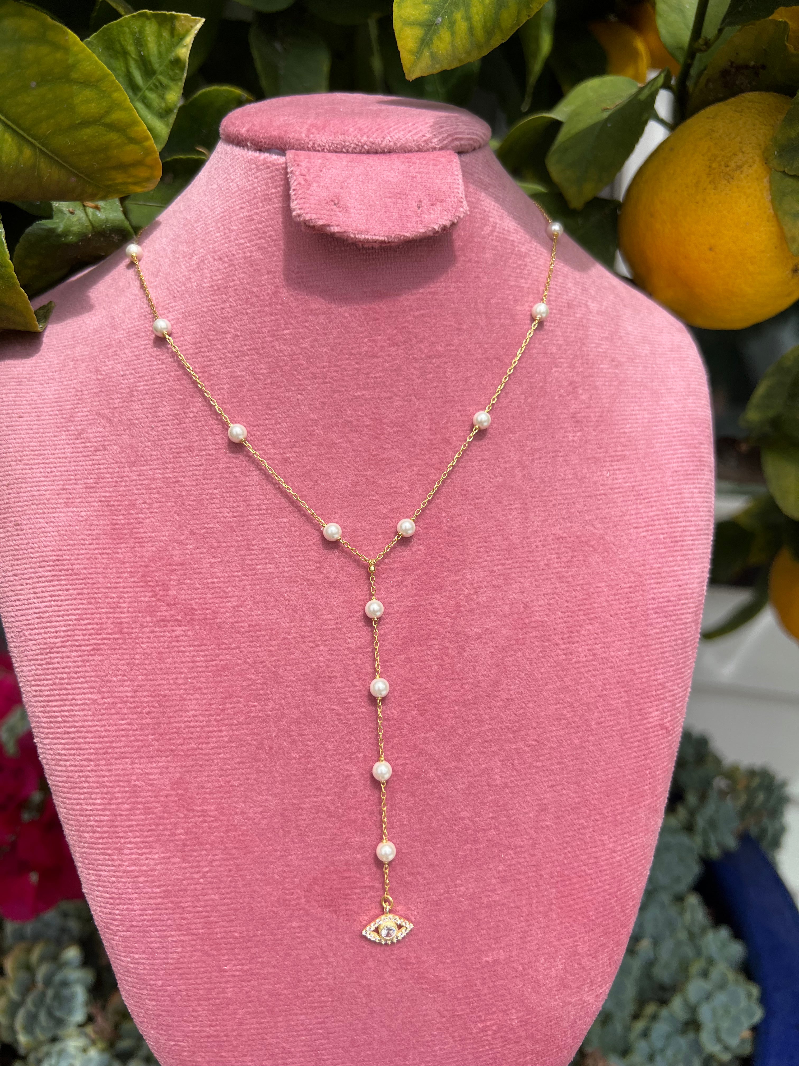 Silver 18kt gold plated pearl necklace lariat with cz pave diamond eye pendant