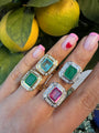 Silver gold plated pave emerald cocktail ring