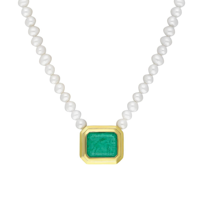 Pearl beaded square emerald frame necklace