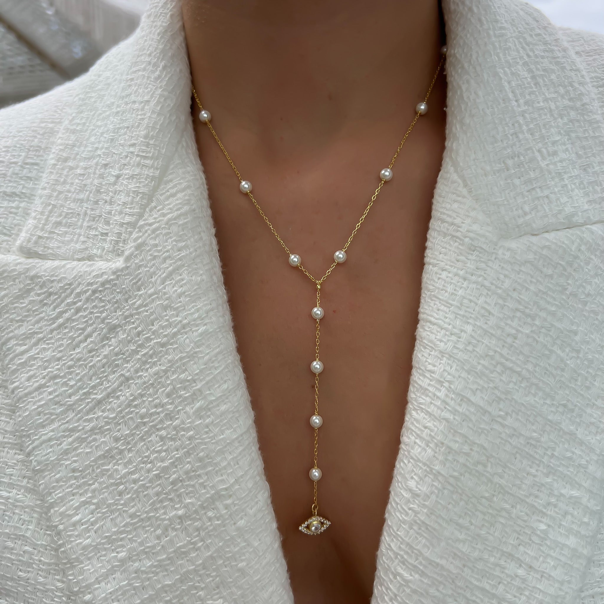 Silver 18kt gold plated pearl necklace lariat with cz pave diamond eye pendant