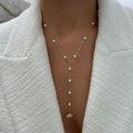 Silver 18kt gold plated pearl necklace lariat with cz pave diamond eye pendant