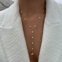 Silver 18kt gold plated pearl necklace lariat with cz pave diamond eye pendant
