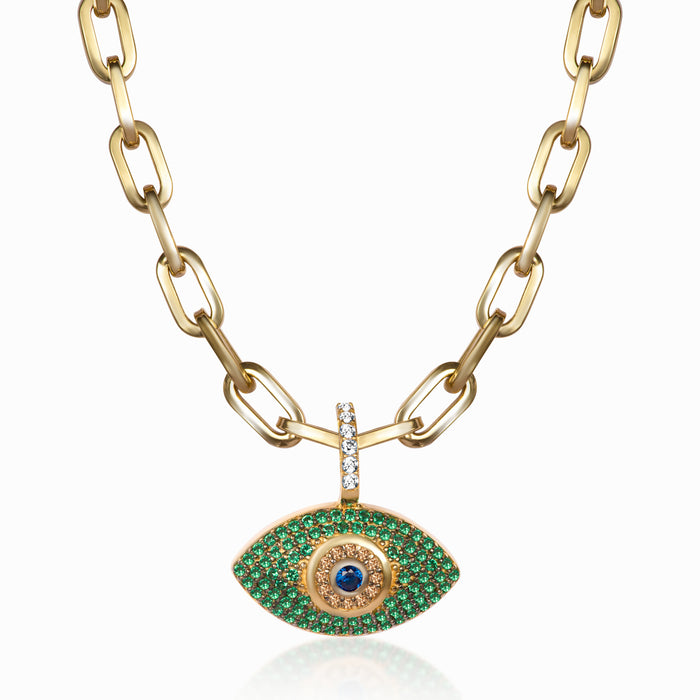 Silver gold plated green eye paperclip chain necklace