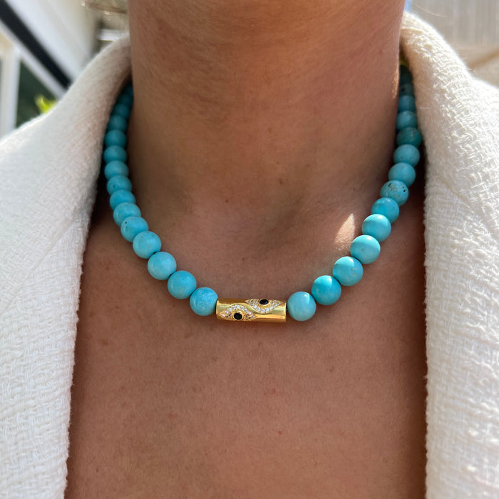 Turquoise beaded gold rod eye necklace