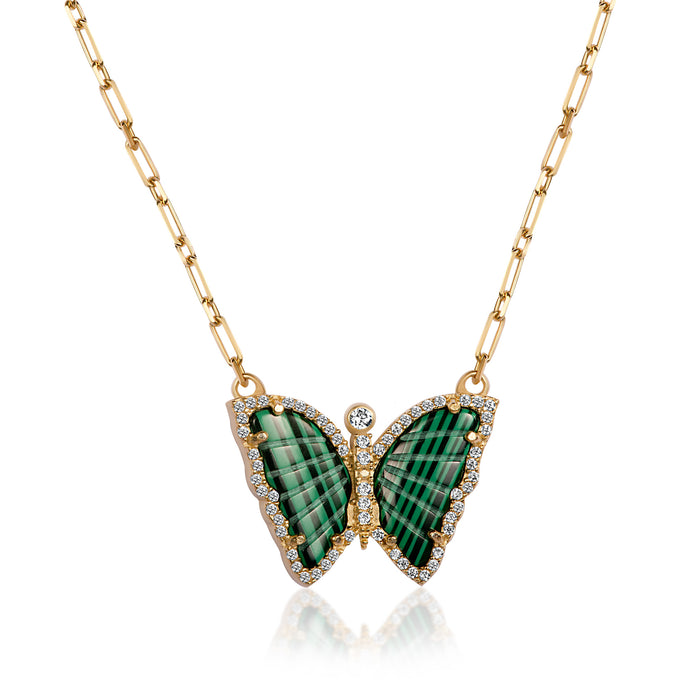 Silver gold plated malachite butterfly necklace