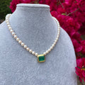 Pearl beaded square emerald frame necklace