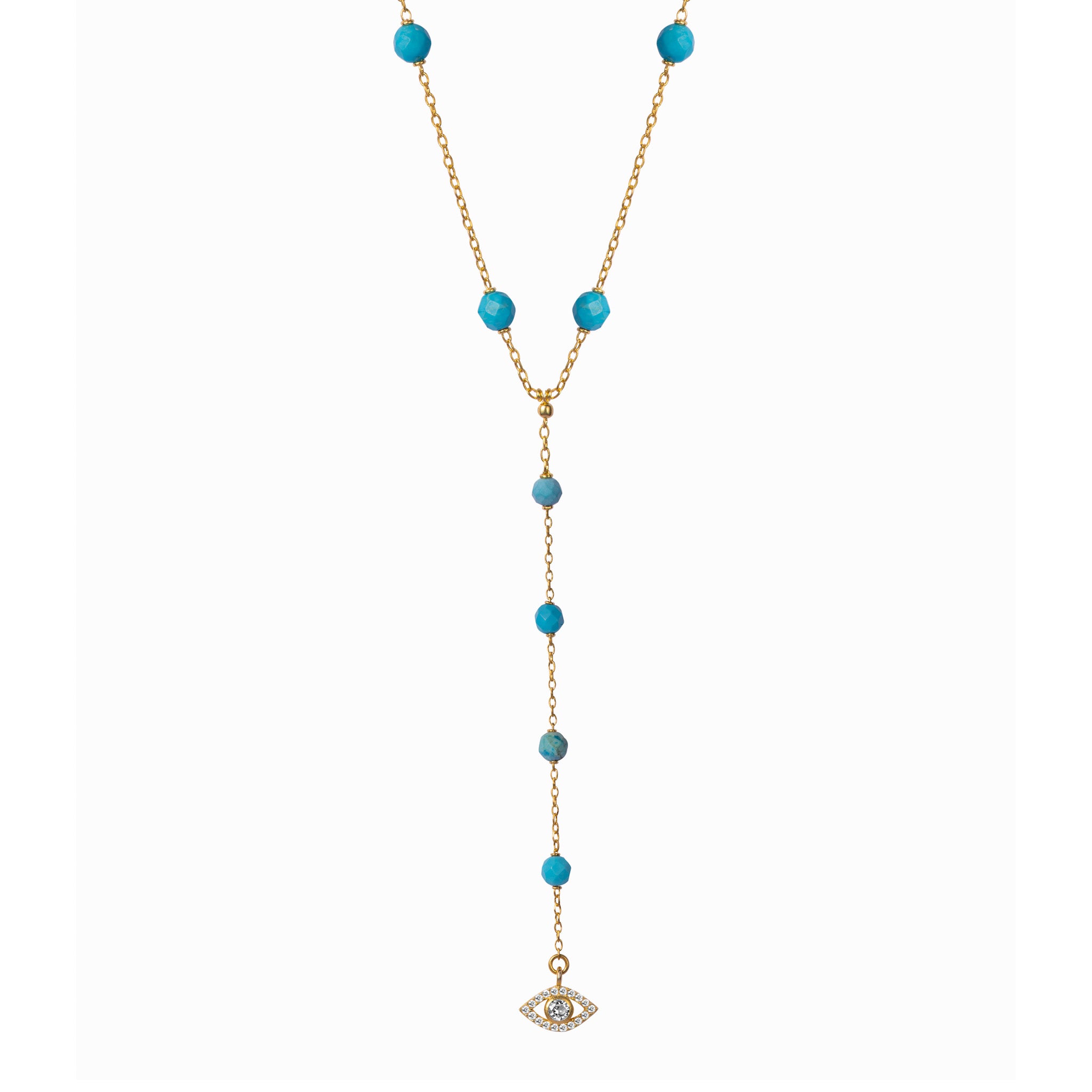 PRE-ORDER Silver 18kt gold plated turquoise diamond eye pendant lariat necklace