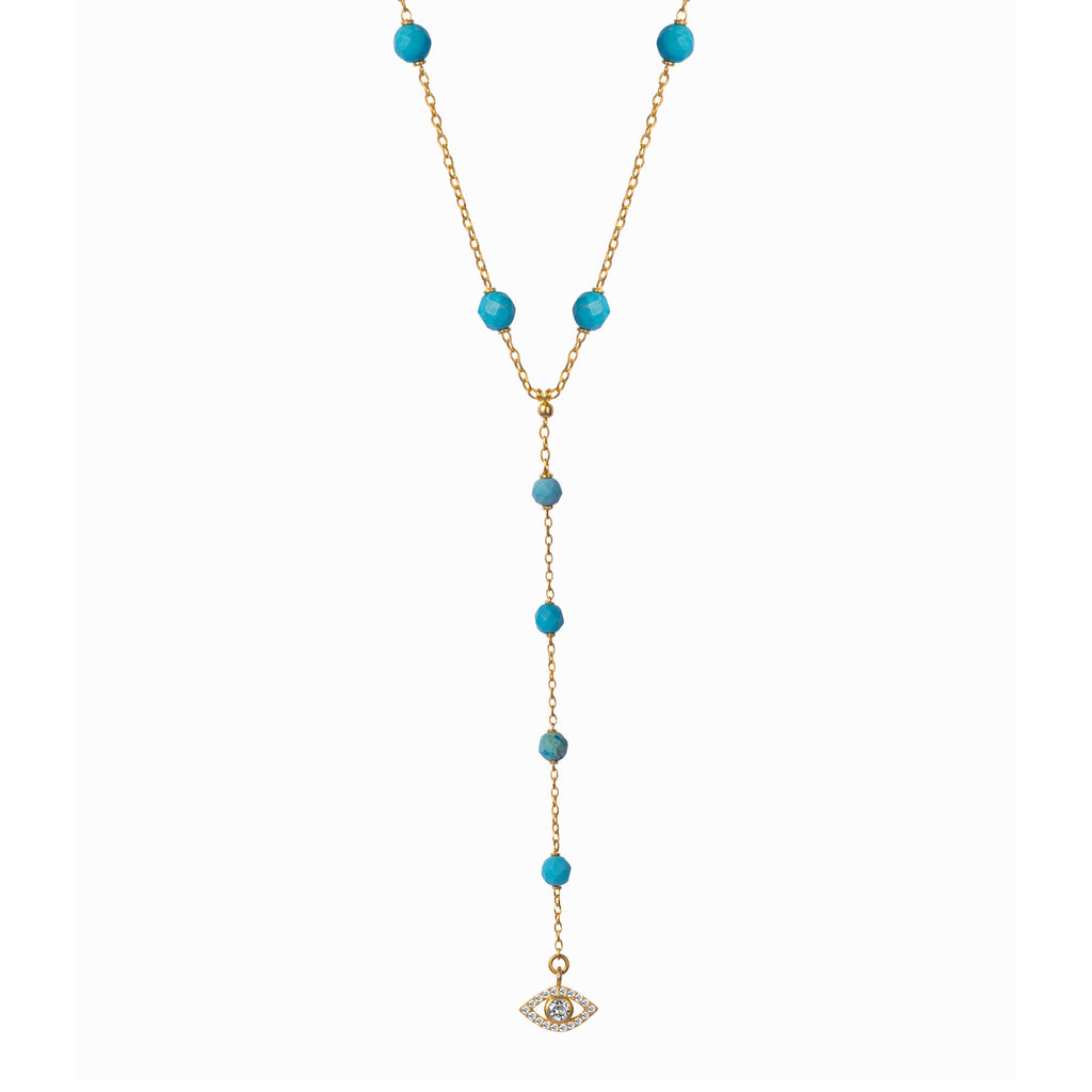 Silver 18kt gold plated turquoise diamond eye pendant lariat necklace